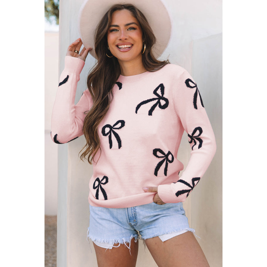 Light Pink Bow Pattern Knitted Loose Fit Sweater Light Pink / S / 52% Viscose + 26% Polyester + 22% Polyamide Sale (50% OFF)/Sale (50% OFF)