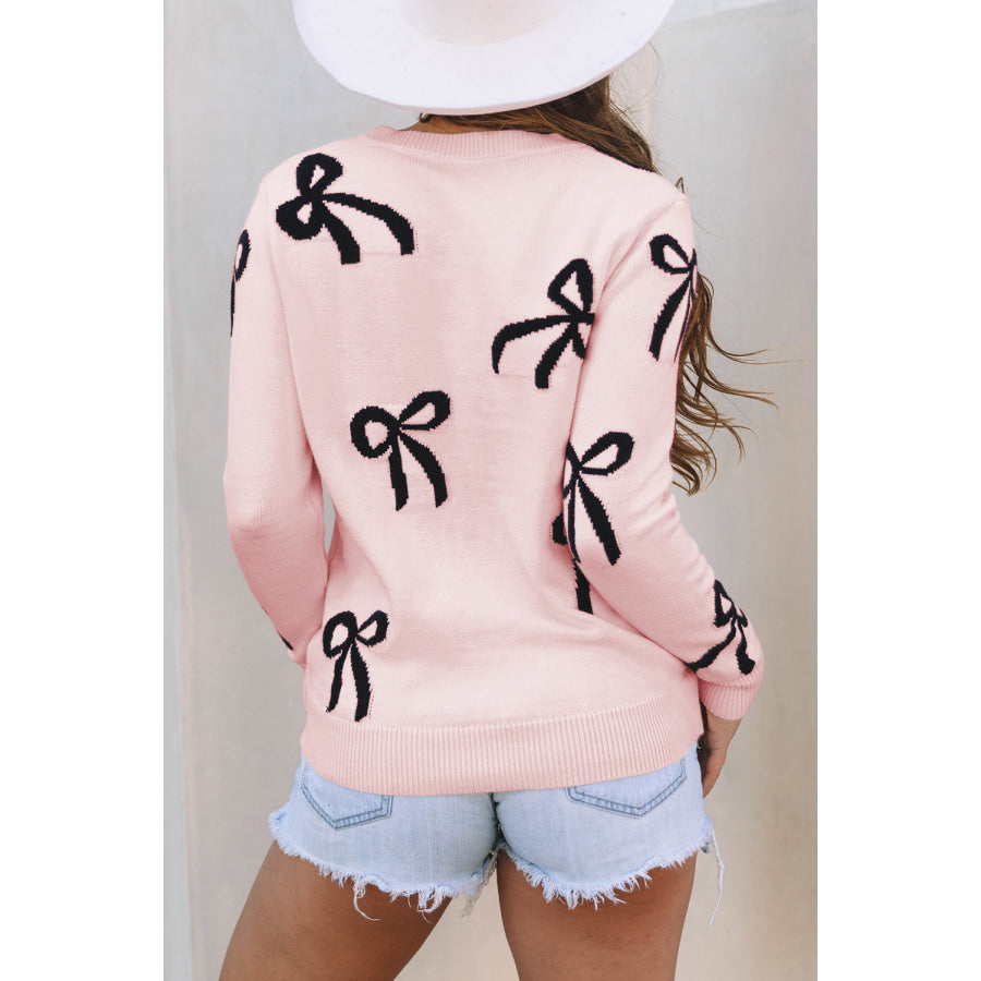 Light Pink Bow Pattern Knitted Loose Fit Sweater Light Pink / S / 52% Viscose + 26% Polyester + 22% Polyamide Sale (50% OFF)/Sale (50% OFF)