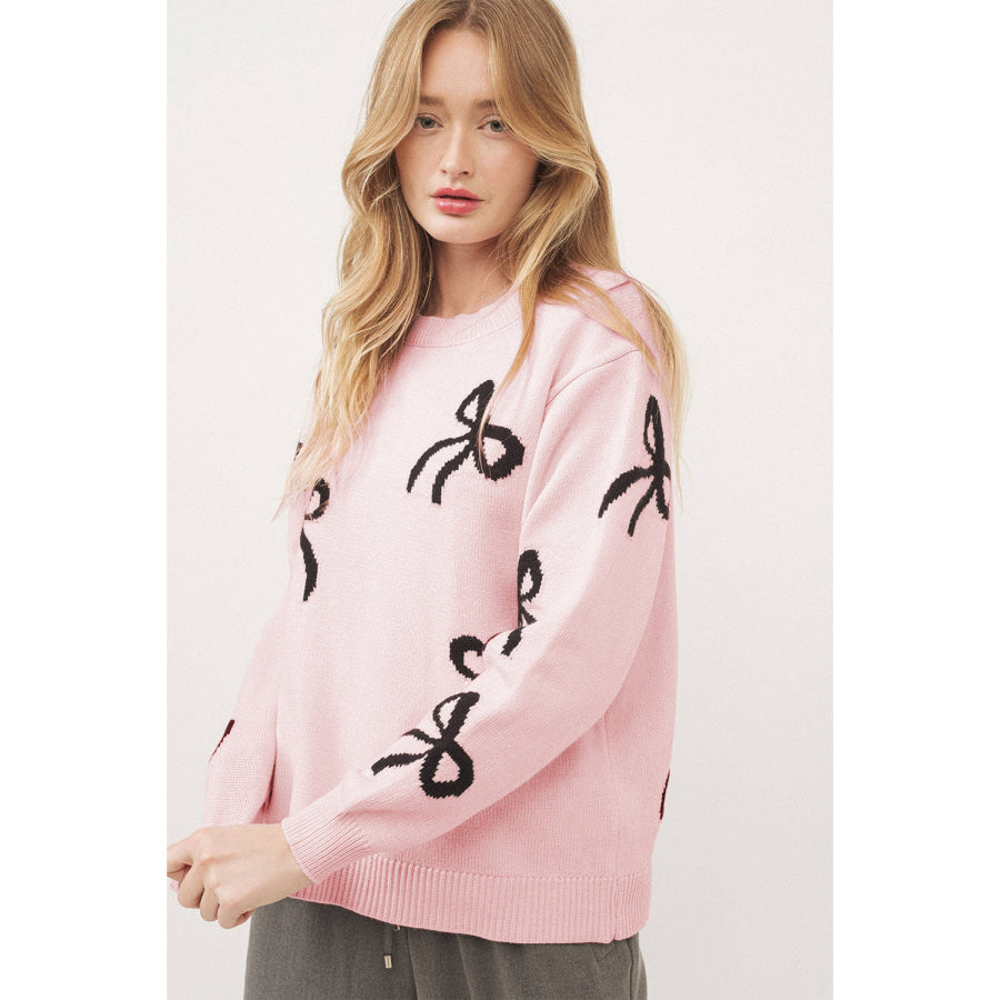 Light Pink Bow Pattern Knitted Loose Fit Sweater Sale (50% OFF)/Sale (50% OFF)