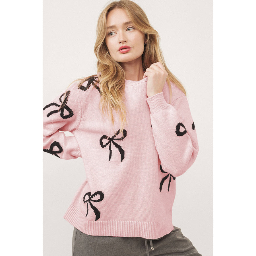 Light Pink Bow Pattern Knitted Loose Fit Sweater Sale (50% OFF)/Sale (50% OFF)