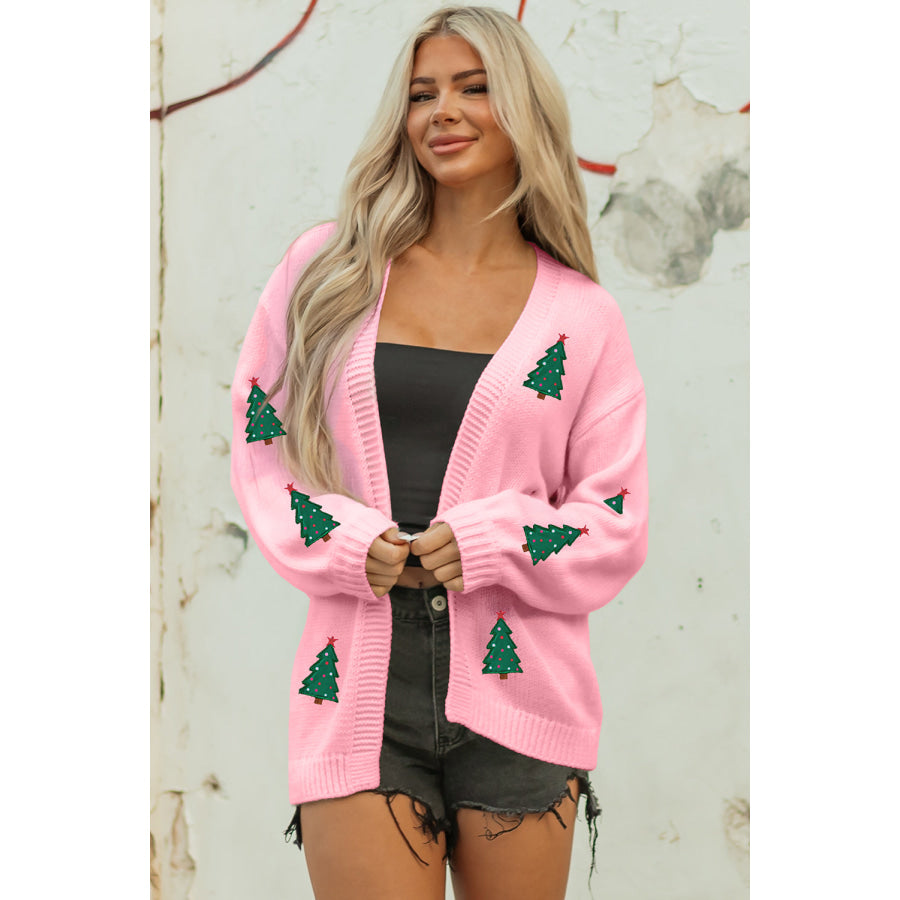 Light Pink Christmas Tree Print Open Front Drop Shoulder Midi Cardigan Light Pink / S / 100% Acrylic Sweaters & Cardigans/Cardigans