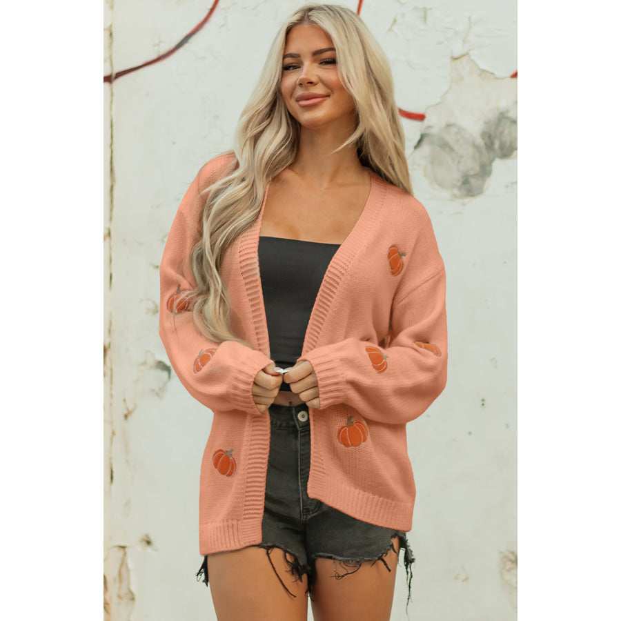 Light Pink Christmas Tree Print Open Front Drop Shoulder Midi Cardigan Straw Yellow / S / 100% Acrylic Sweaters & Cardigans/Cardigans