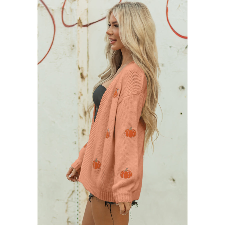Light Pink Christmas Tree Print Open Front Drop Shoulder Midi Cardigan Sweaters & Cardigans/Cardigans