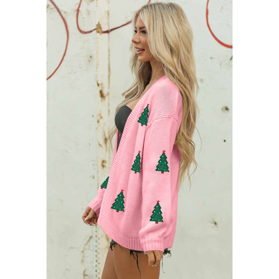 Light Pink Christmas Tree Print Open Front Drop Shoulder Midi Cardigan Sweaters & Cardigans/Cardigans