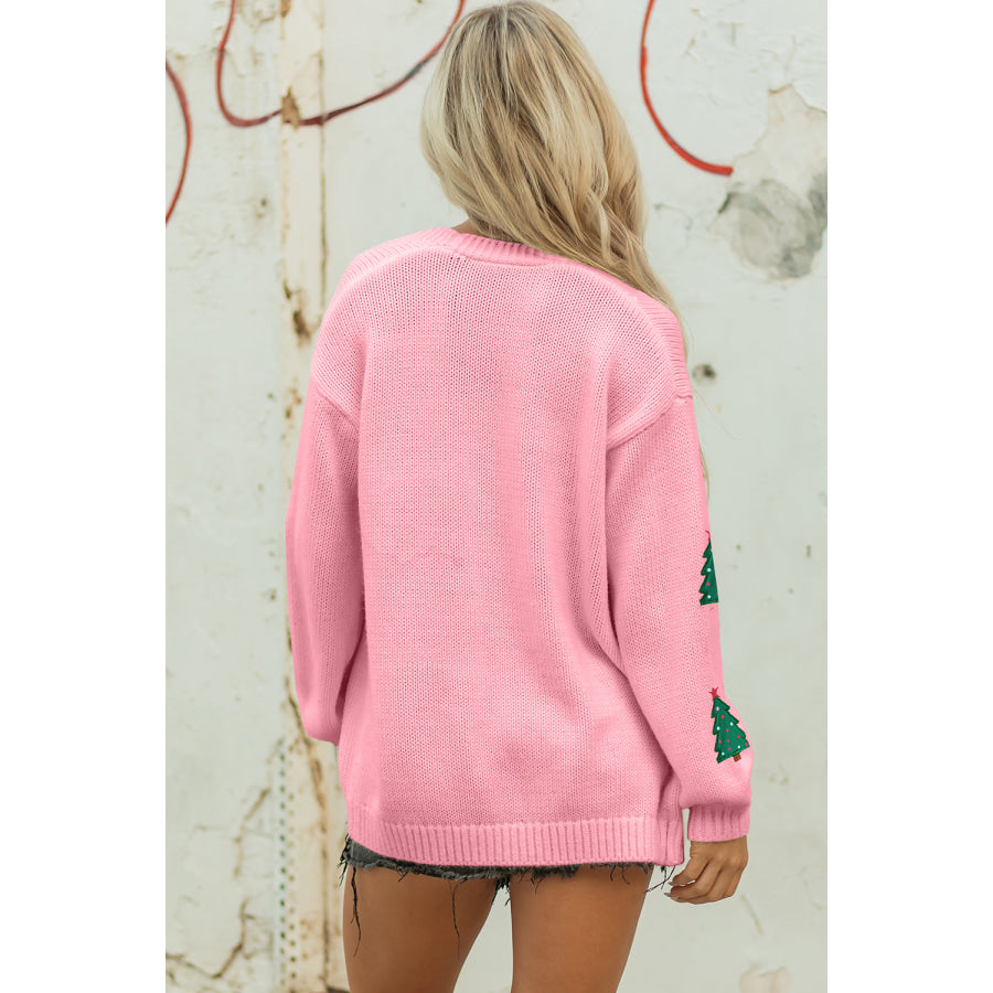 Light Pink Christmas Tree Print Open Front Drop Shoulder Midi Cardigan Light Pink / S / 100% Acrylic Sweaters & Cardigans/Cardigans