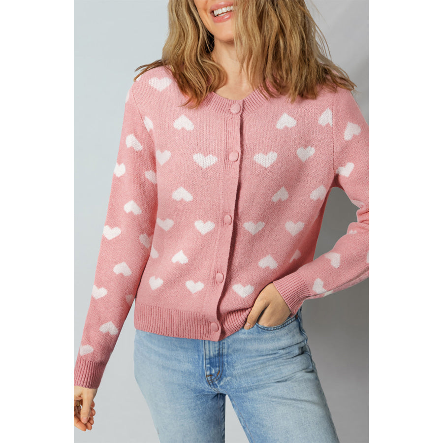 Light Pink Heart Pattern Button Front Cardigan Sweater Light Pink / S / 65% Acrylic + 35% Polyamide Sweaters & Cardigans/Cardigans