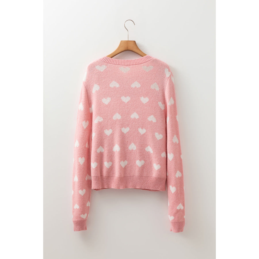 Light Pink Heart Pattern Button Front Cardigan Sweater Sweaters & Cardigans/Cardigans