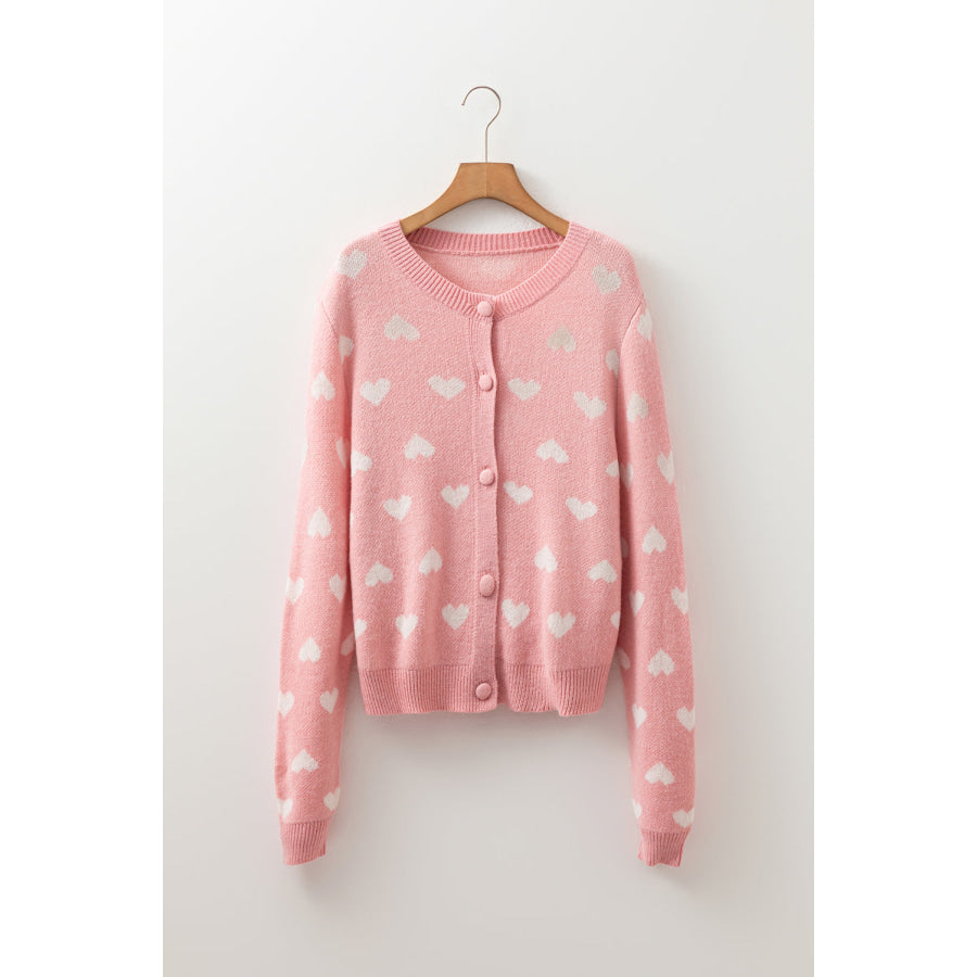 Light Pink Heart Pattern Button Front Cardigan Sweater Light Pink / S / 65% Acrylic + 35% Polyamide Sweaters & Cardigans/Cardigans