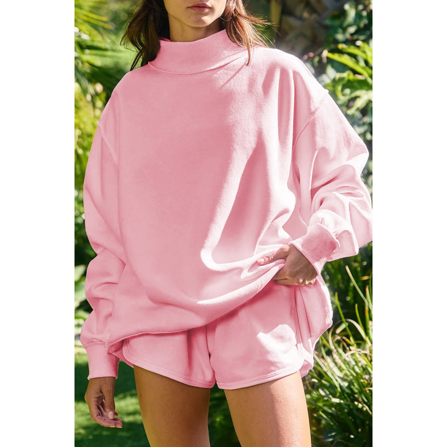 Light Pink High Neck Exposed Seam Drop Shoulder Baggy Pullover Short Set Light Pink / S Two Piece Sets/Short Sets
