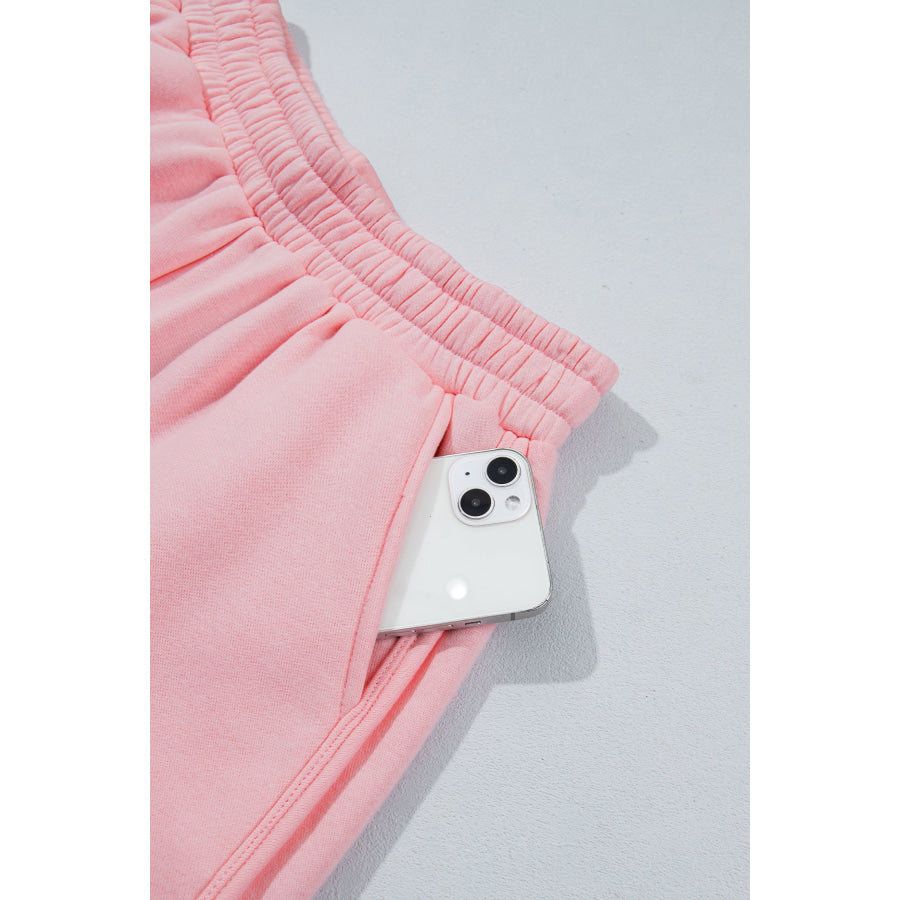 Light Pink High Neck Exposed Seam Drop Shoulder Baggy Pullover Short Set Two Piece Sets/Short Sets
