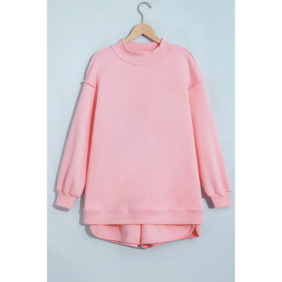 Light Pink High Neck Exposed Seam Drop Shoulder Baggy Pullover Short Set Two Piece Sets/Short Sets
