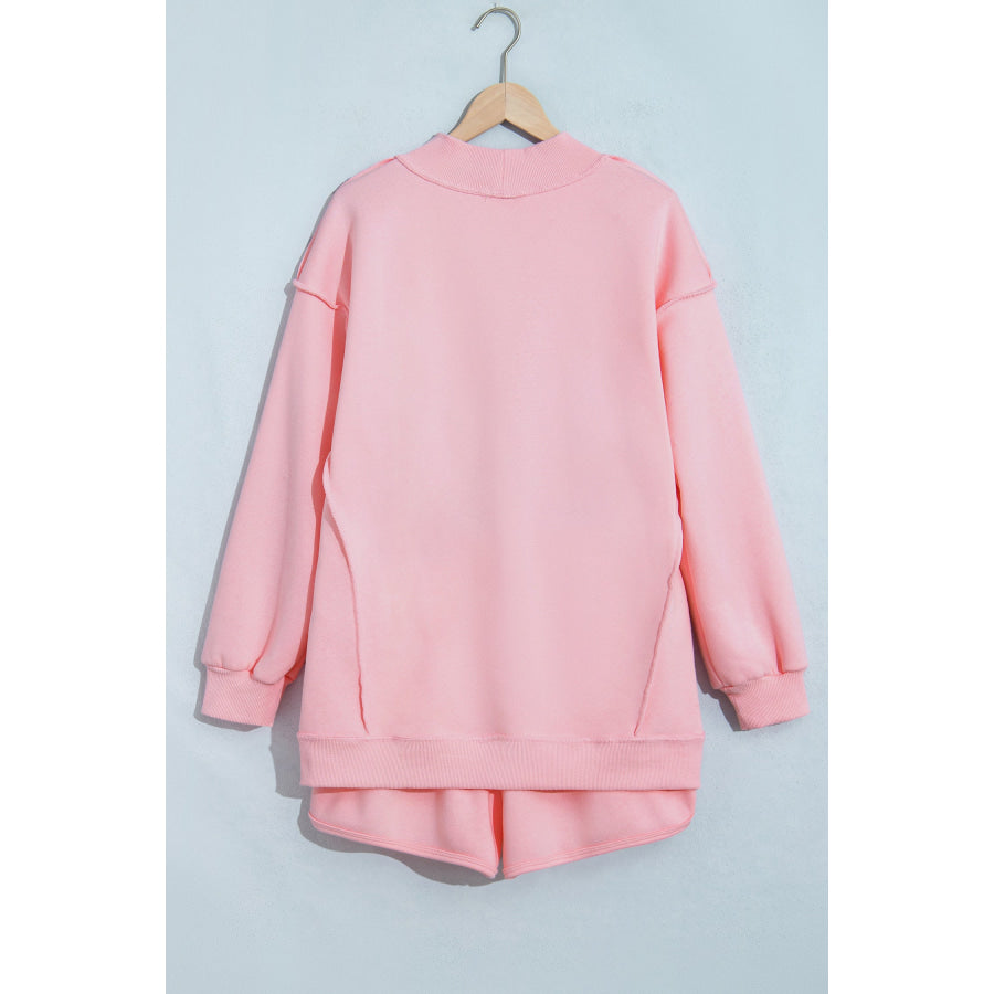 Light Pink High Neck Exposed Seam Drop Shoulder Baggy Pullover Short Set Two Piece Sets/Short Sets