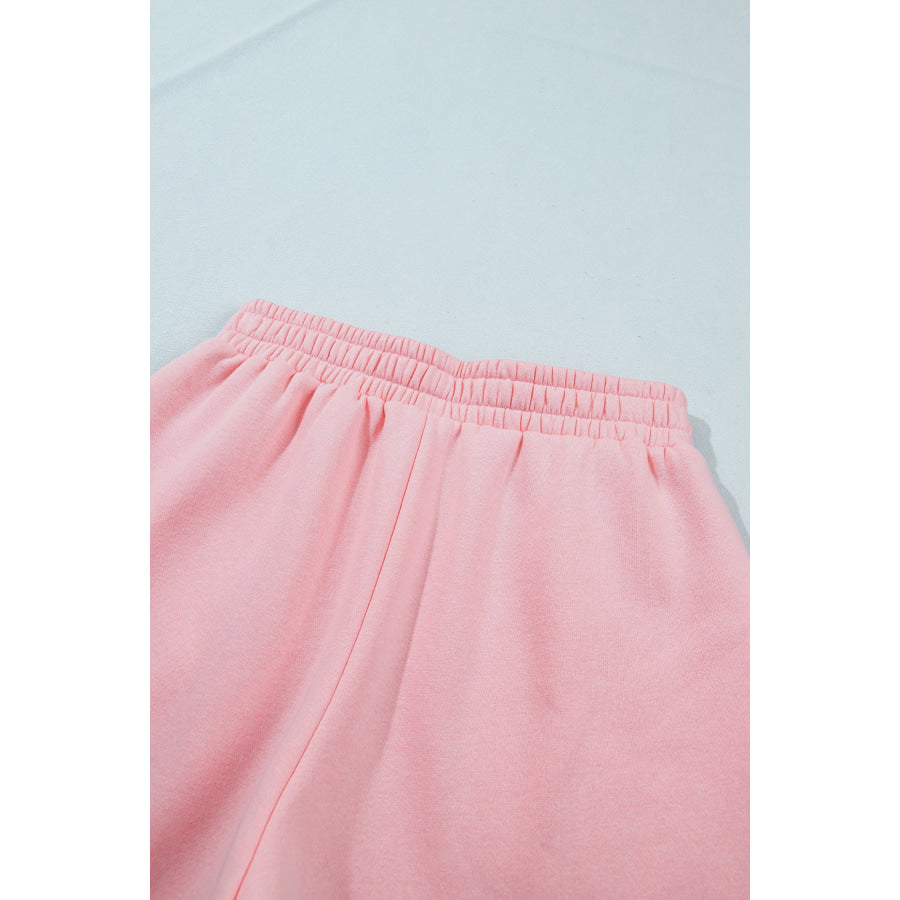 Light Pink High Neck Exposed Seam Drop Shoulder Baggy Pullover Short Set Two Piece Sets/Short Sets