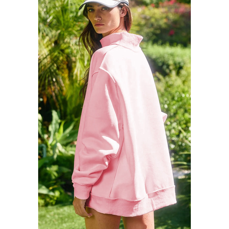 Light Pink High Neck Exposed Seam Drop Shoulder Baggy Pullover Short Set Two Piece Sets/Short Sets