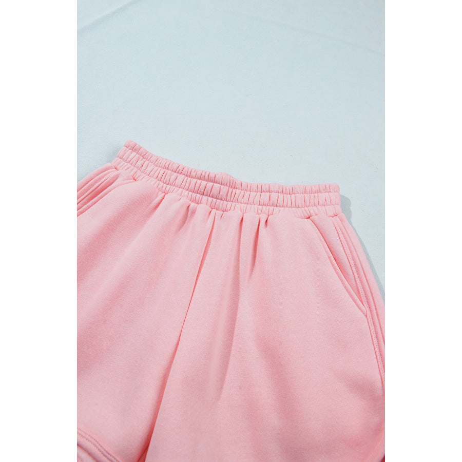 Light Pink High Neck Exposed Seam Drop Shoulder Baggy Pullover Short Set Two Piece Sets/Short Sets