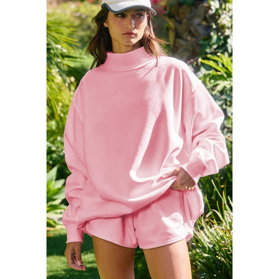 Light Pink High Neck Exposed Seam Drop Shoulder Baggy Pullover Short Set Two Piece Sets/Short Sets
