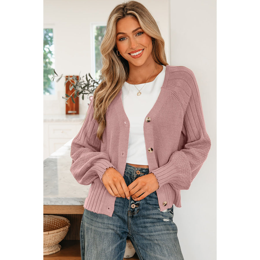 Light Pink Mixed Texture Knit Button V Neck Sweater Cardigan Light Pink / S / 52% Viscose + 26% Polyester + 22% Polyamide Sweaters &