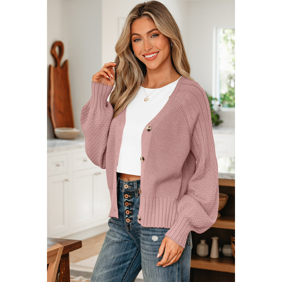 Light Pink Mixed Texture Knit Button V Neck Sweater Cardigan Sweaters & Cardigans/Cardigans