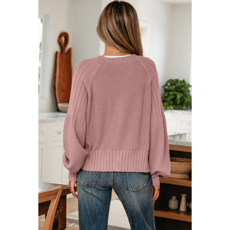 Light Pink Mixed Texture Knit Button V Neck Sweater Cardigan Sweaters & Cardigans/Cardigans