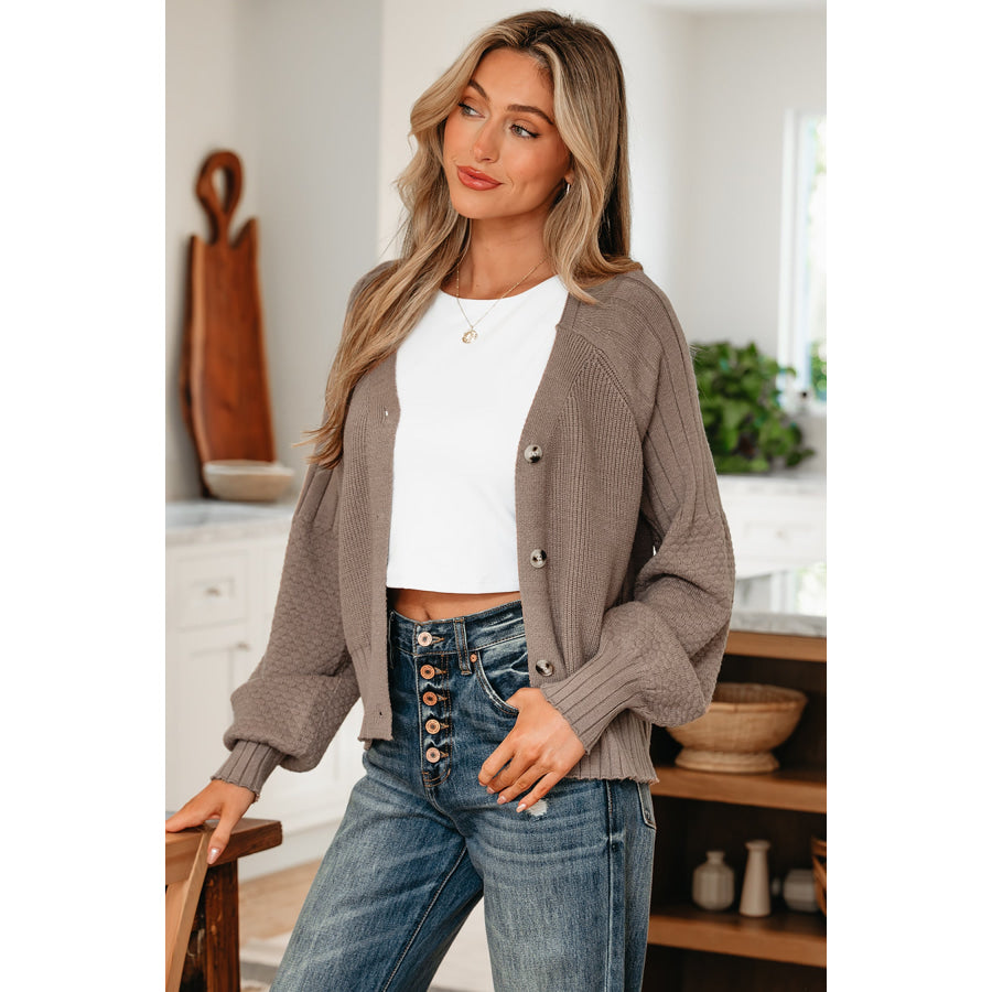 Light Pink Mixed Texture Knit Button V Neck Sweater Cardigan Sweaters & Cardigans/Cardigans
