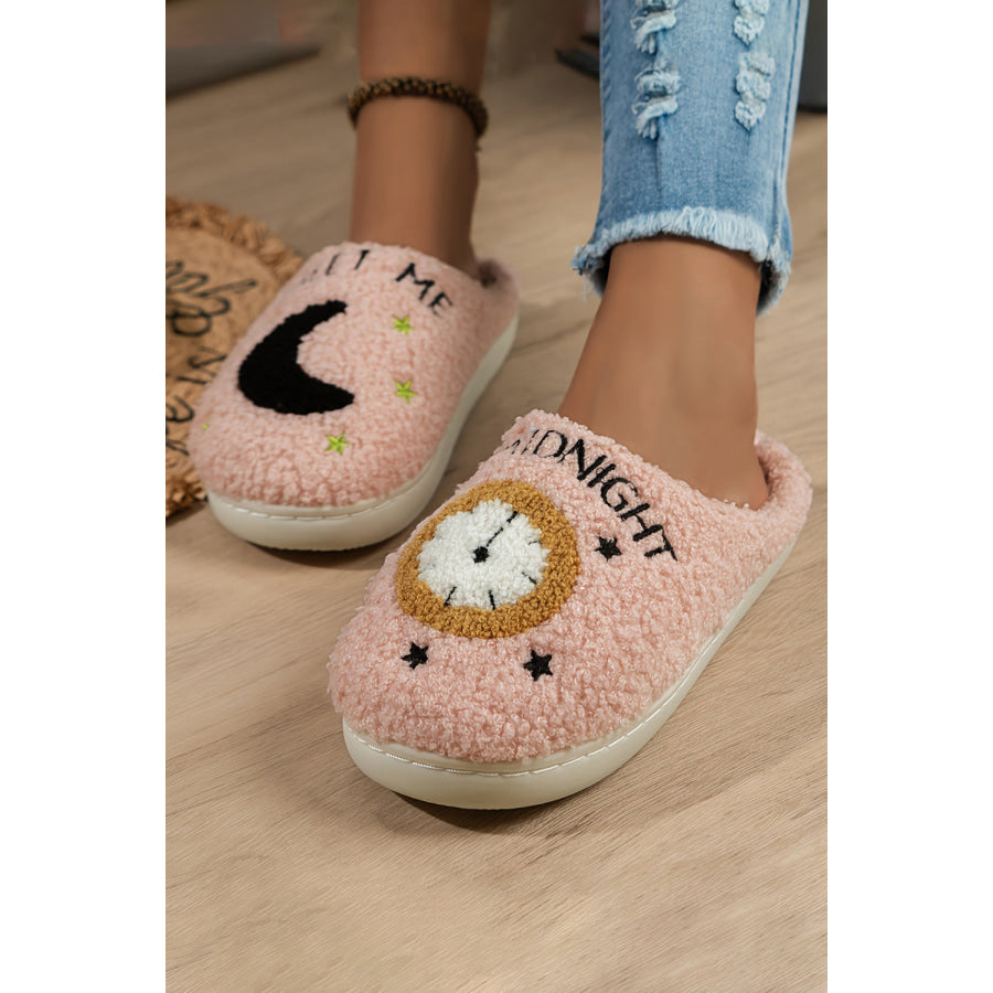 Light Pink Moon &amp; Clock Pattern Fuzzy Home Slippers Light Pink / 37 / 100% Polyester + 100% TPR Shoes &amp; Bags/Slippers