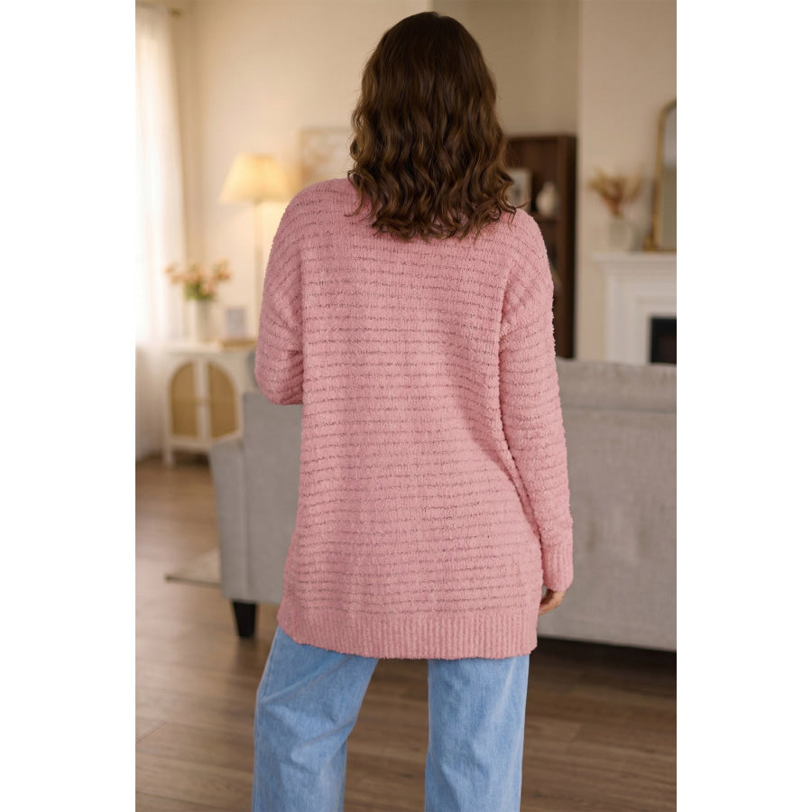 Light Pink Open Front Soft Fuzzy Ribbed Sweater Cardigan Sweaters & Cardigans/Cardigans