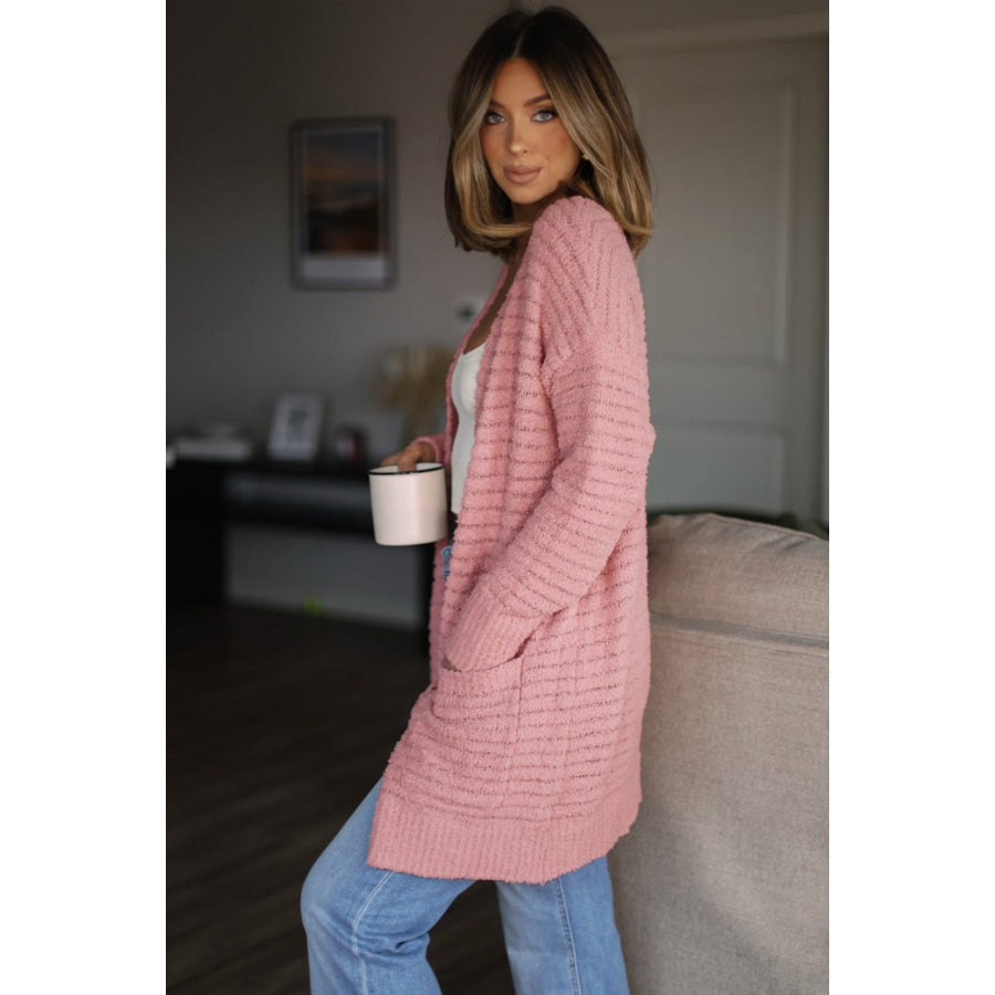Light Pink Open Front Soft Fuzzy Ribbed Sweater Cardigan Sweaters & Cardigans/Cardigans
