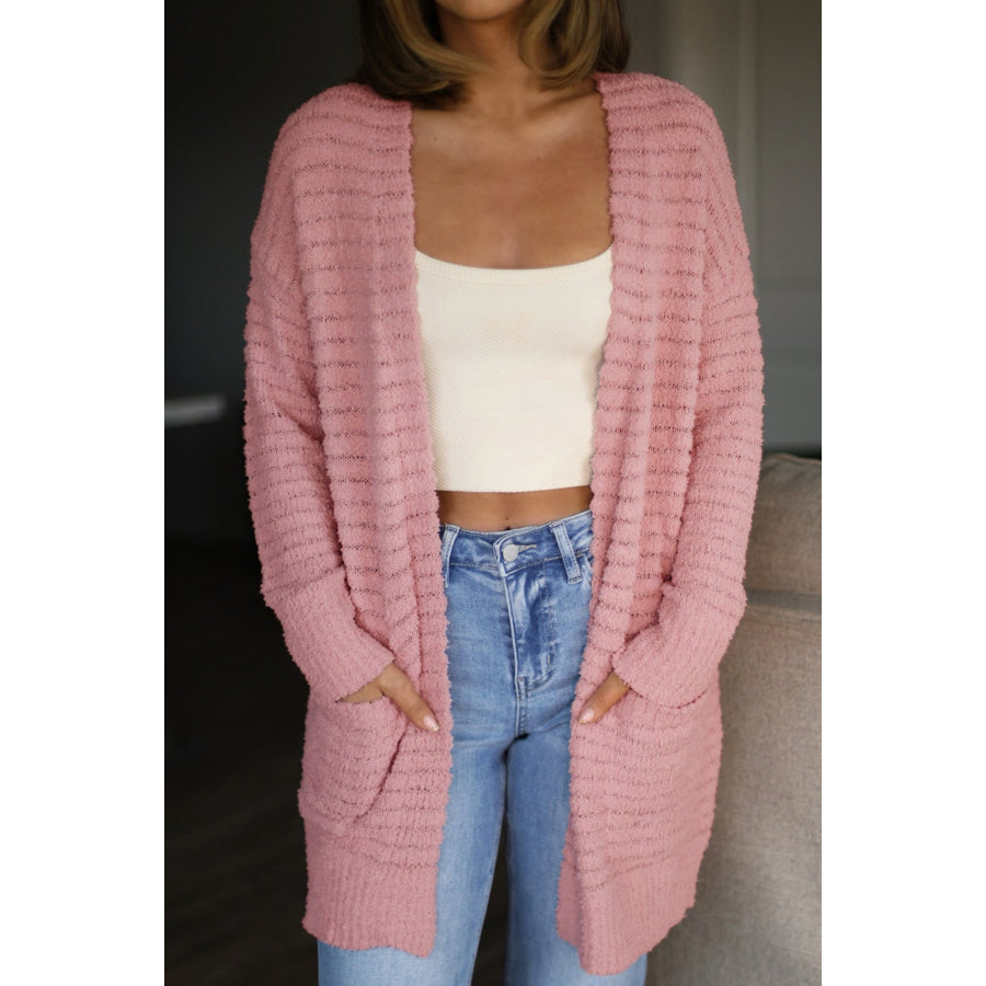 Light Pink Open Front Soft Fuzzy Ribbed Sweater Cardigan Sweaters & Cardigans/Cardigans