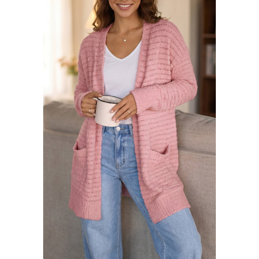 Light Pink Open Front Soft Fuzzy Ribbed Sweater Cardigan Sweaters & Cardigans/Cardigans