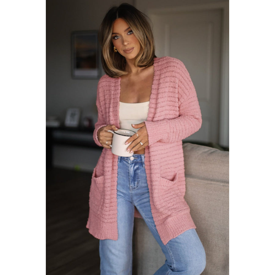 Light Pink Open Front Soft Fuzzy Ribbed Sweater Cardigan Sweaters & Cardigans/Cardigans