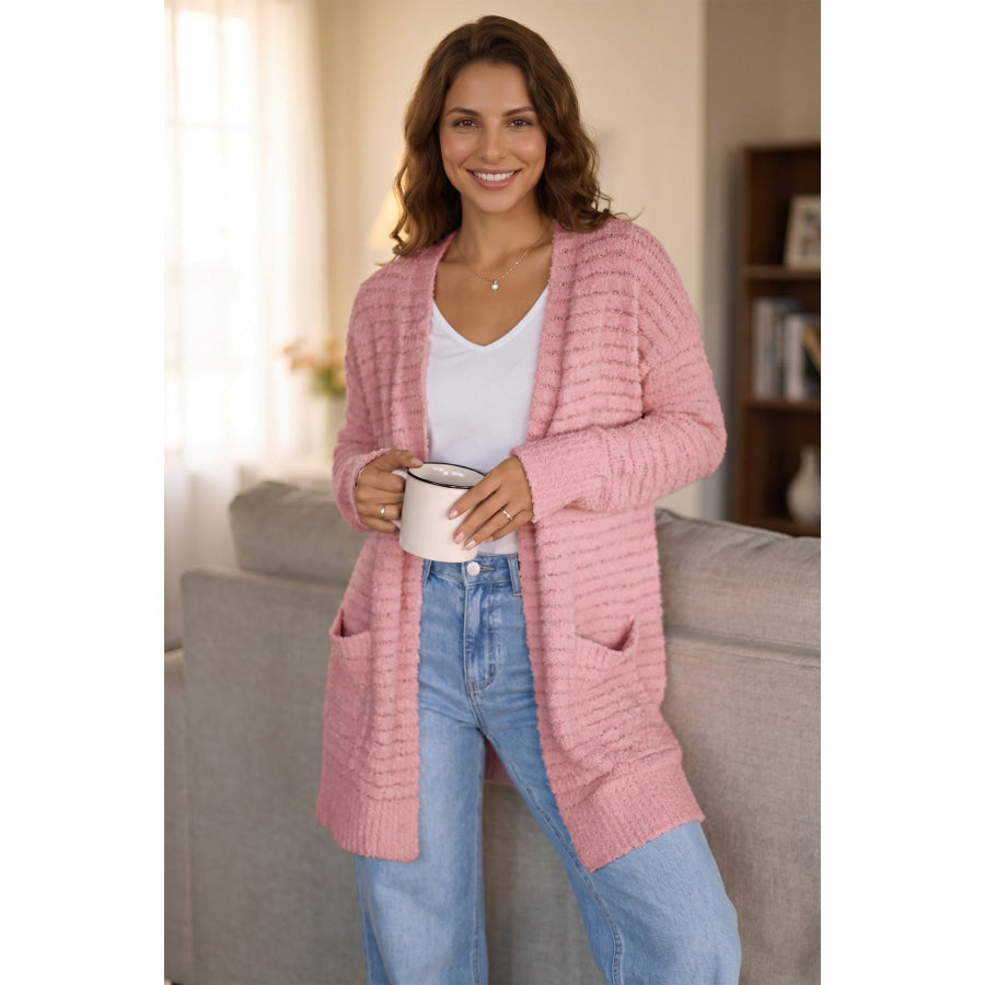 Light Pink Open Front Soft Fuzzy Ribbed Sweater Cardigan Sweaters & Cardigans/Cardigans