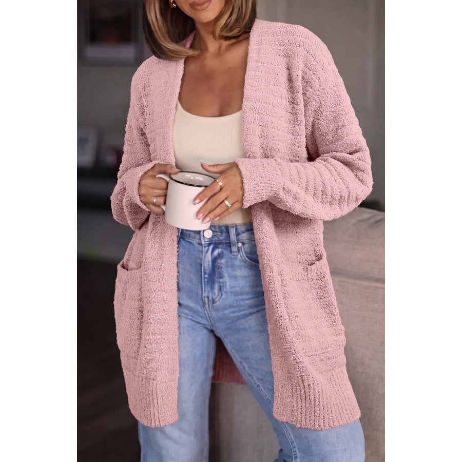 Light Pink Open Front Soft Fuzzy Ribbed Sweater Cardigan Sweaters & Cardigans/Cardigans