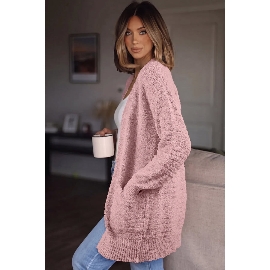 Light Pink Open Front Soft Fuzzy Ribbed Sweater Cardigan Sweaters & Cardigans/Cardigans
