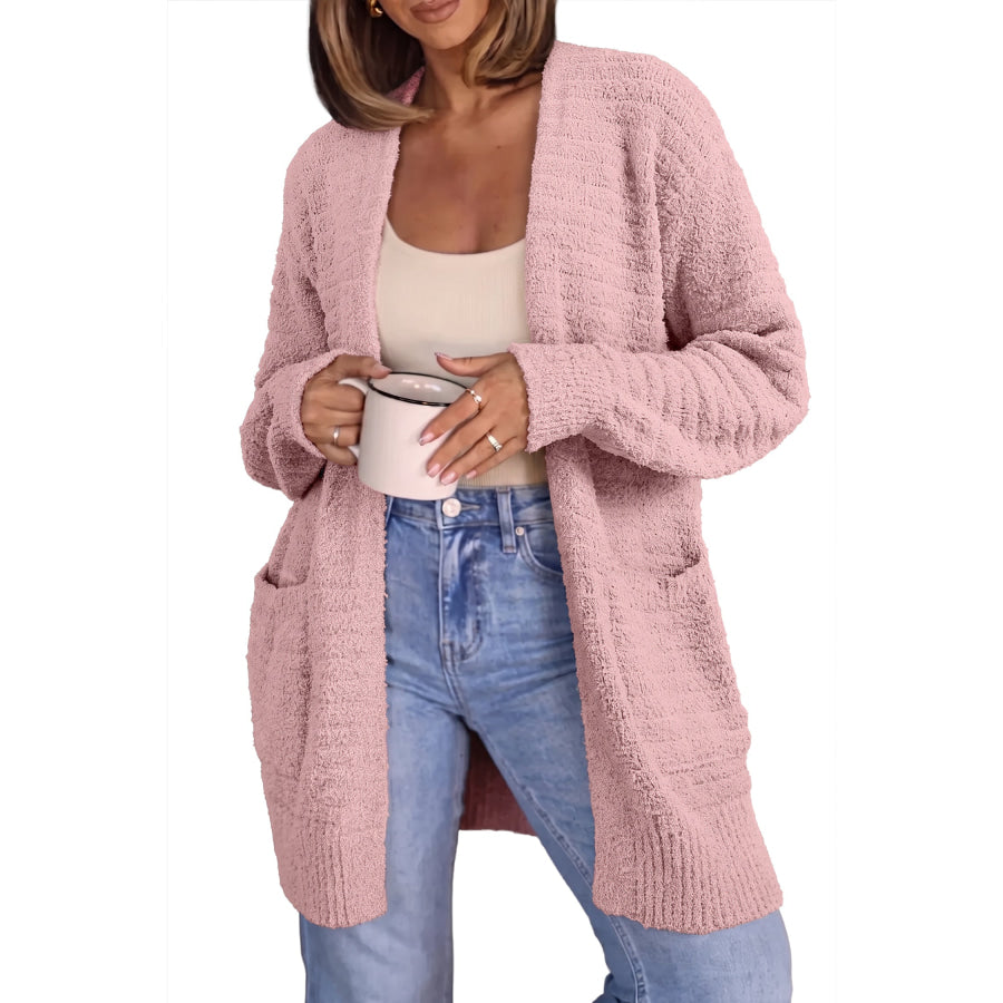 Light Pink Open Front Soft Fuzzy Ribbed Sweater Cardigan Sweaters & Cardigans/Cardigans