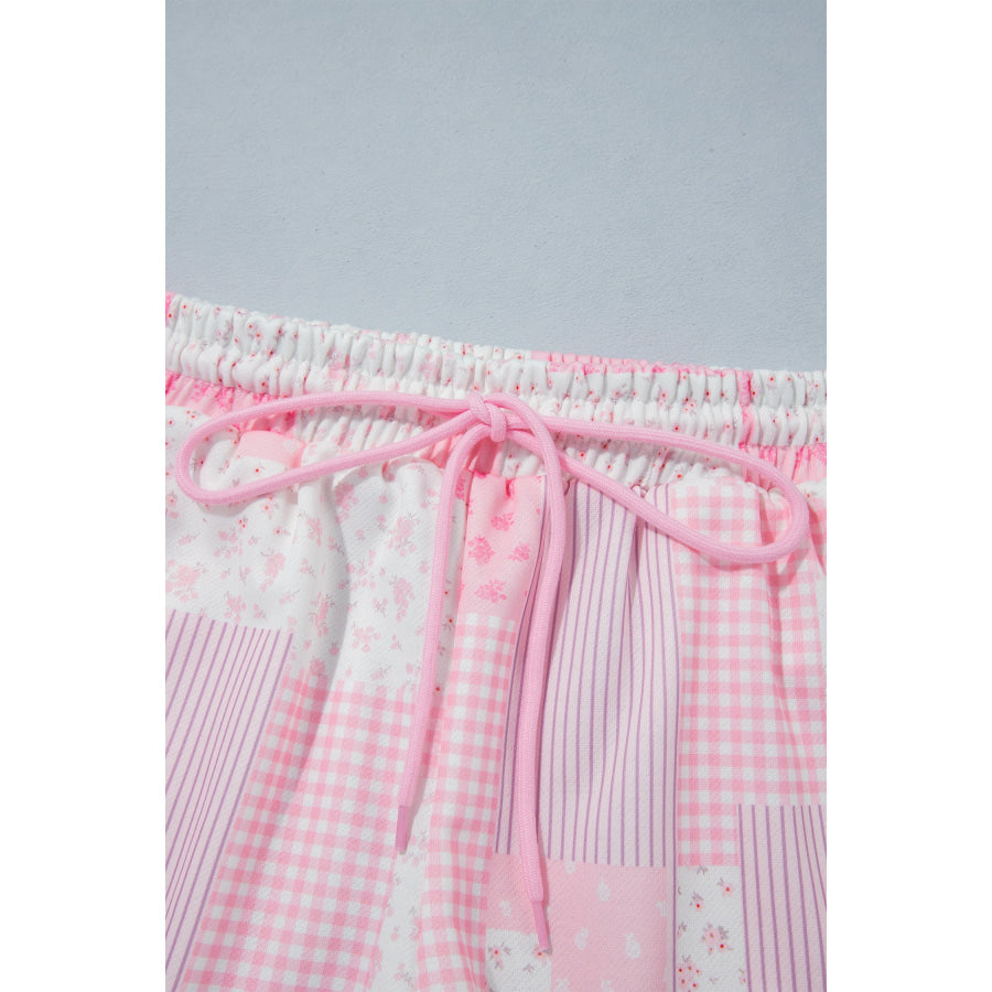 Light Pink Patchwork Floral Print Drop Shoulder Baggy Pullover Drawstring Shorts Set Two Piece Sets/Short Sets