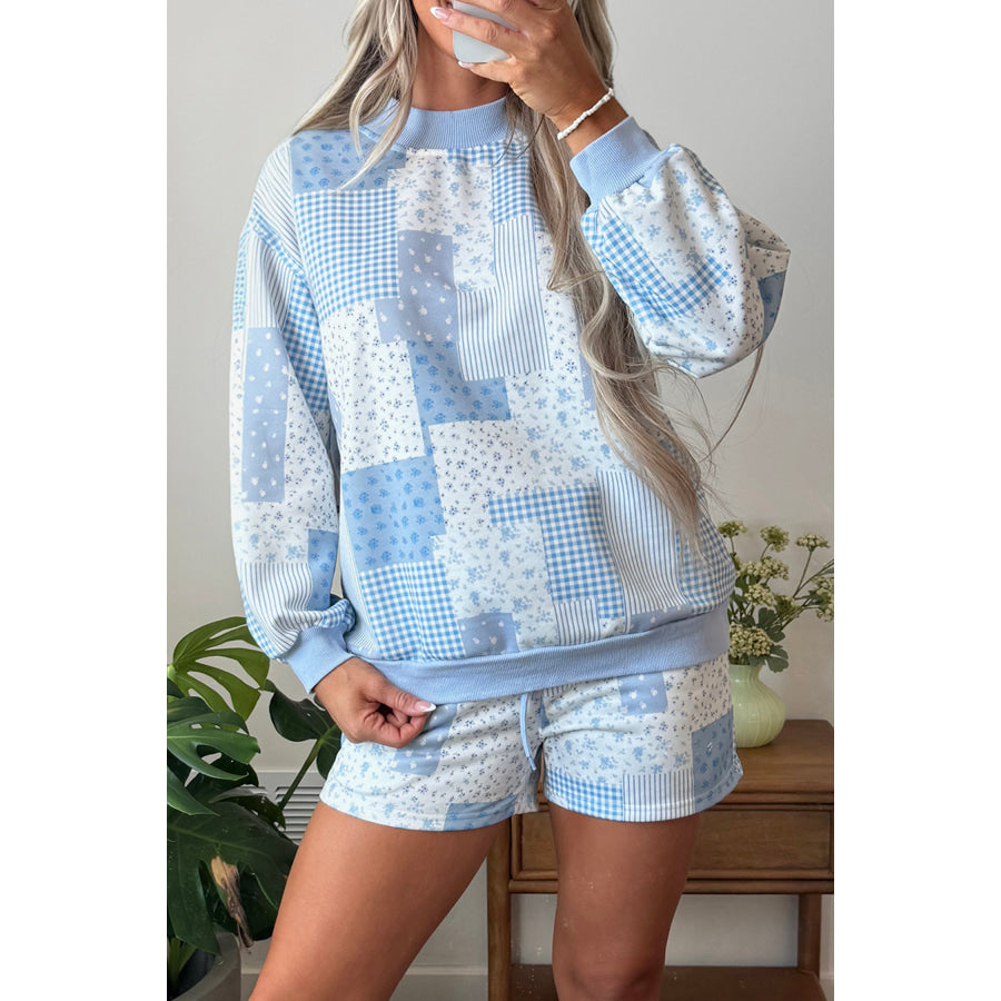 Light Pink Patchwork Floral Print Drop Shoulder Baggy Pullover Drawstring Shorts Set Two Piece Sets/Short Sets