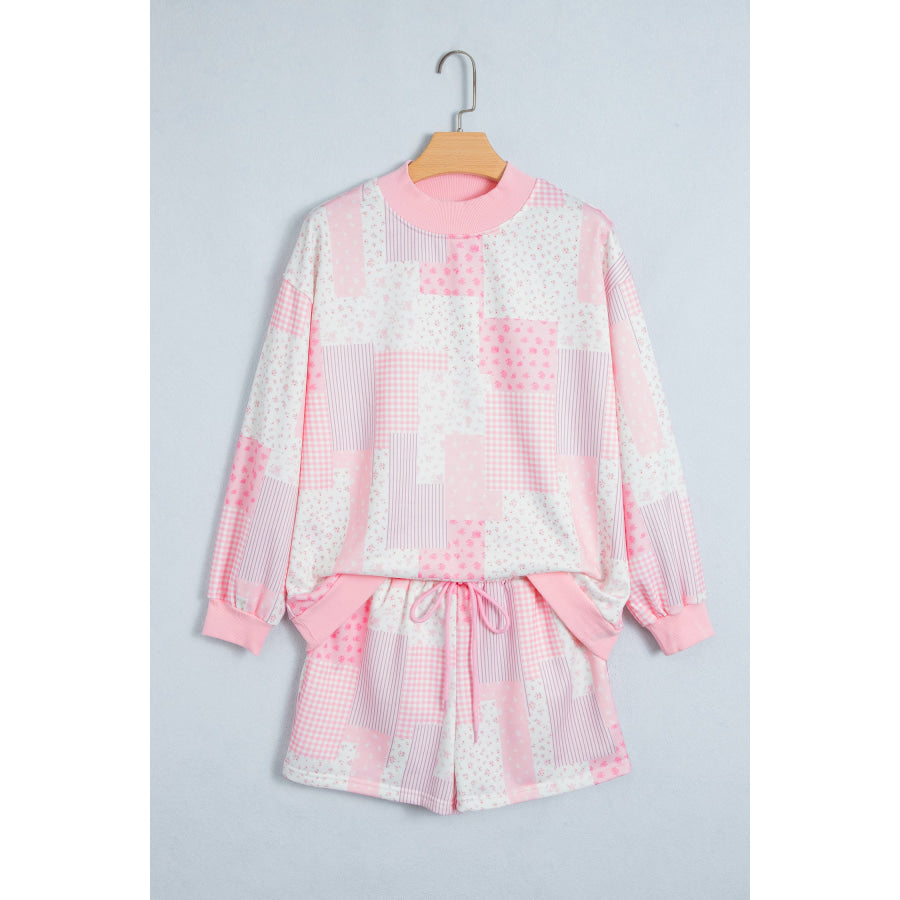 Light Pink Patchwork Floral Print Drop Shoulder Baggy Pullover Drawstring Shorts Set Two Piece Sets/Short Sets