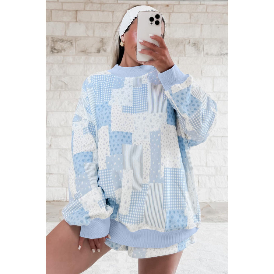 Light Pink Patchwork Floral Print Drop Shoulder Baggy Pullover Drawstring Shorts Set Two Piece Sets/Short Sets