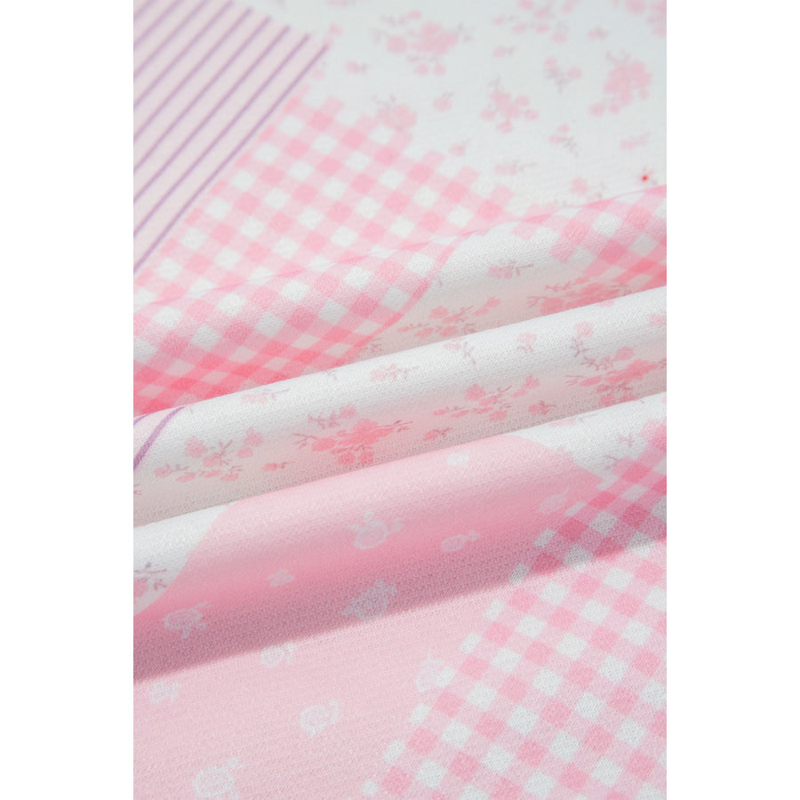 Light Pink Patchwork Floral Print Drop Shoulder Baggy Pullover Drawstring Shorts Set Two Piece Sets/Short Sets
