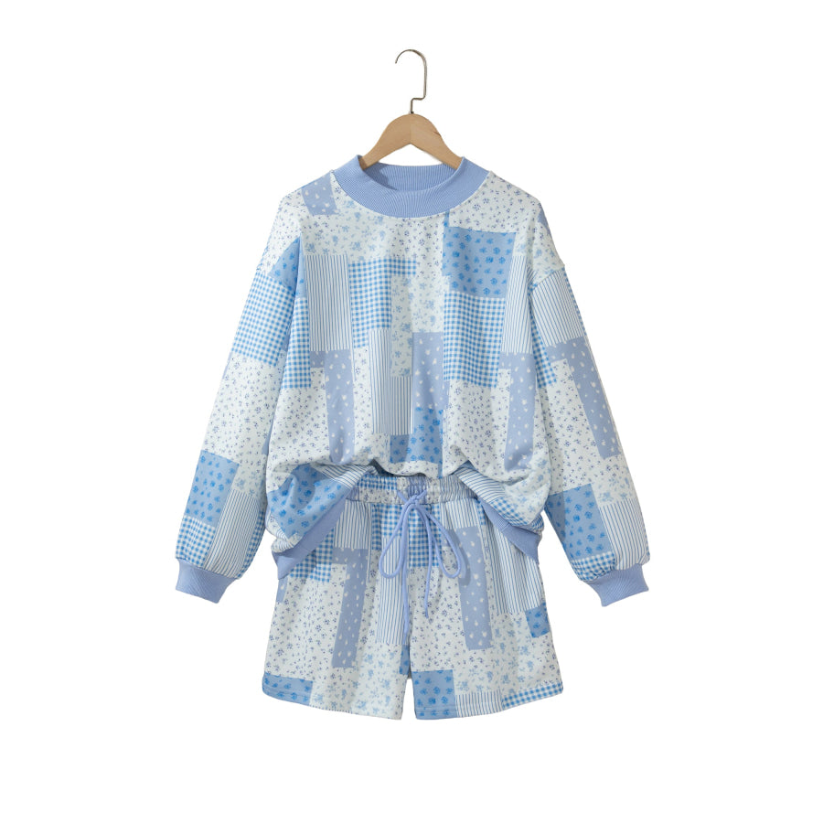 Light Pink Patchwork Floral Print Drop Shoulder Baggy Pullover Drawstring Shorts Set Two Piece Sets/Short Sets