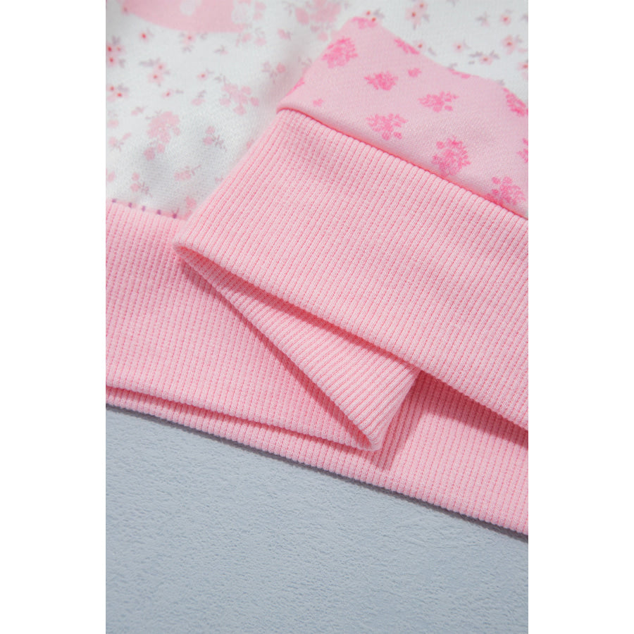 Light Pink Patchwork Floral Print Drop Shoulder Baggy Pullover Drawstring Shorts Set Two Piece Sets/Short Sets