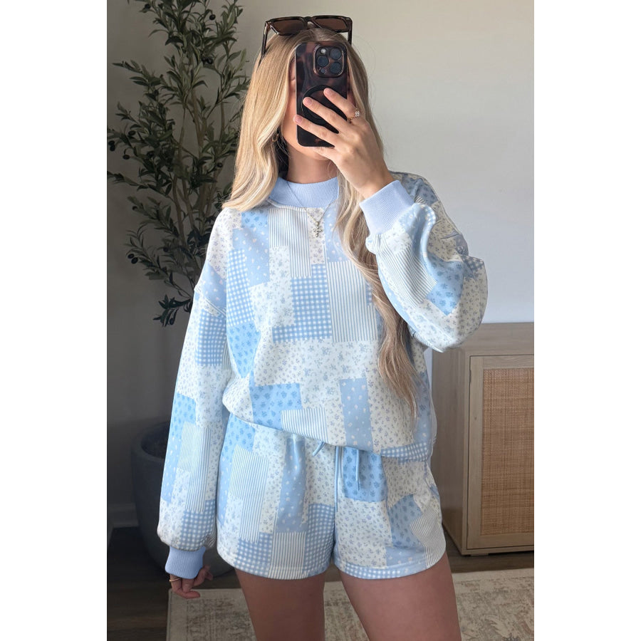 Light Pink Patchwork Floral Print Drop Shoulder Baggy Pullover Drawstring Shorts Set Two Piece Sets/Short Sets