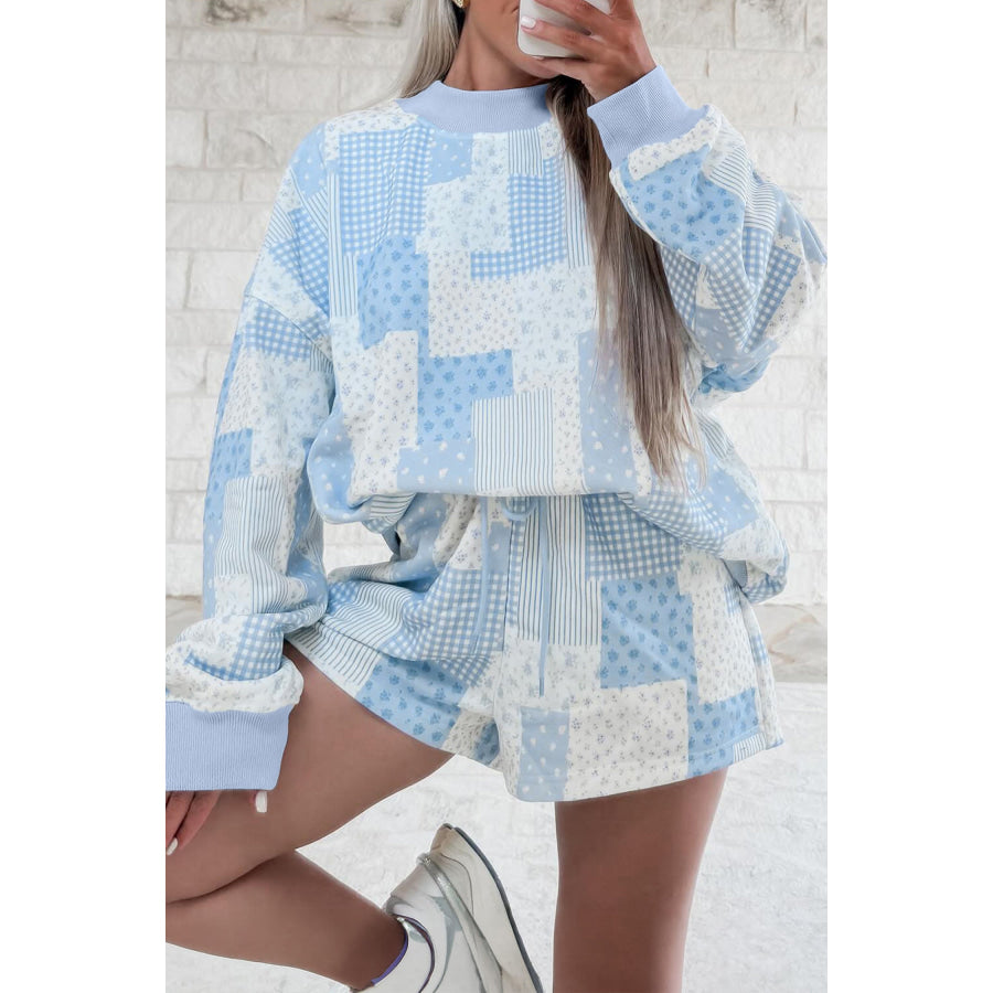 Light Pink Patchwork Floral Print Drop Shoulder Baggy Pullover Drawstring Shorts Set Two Piece Sets/Short Sets