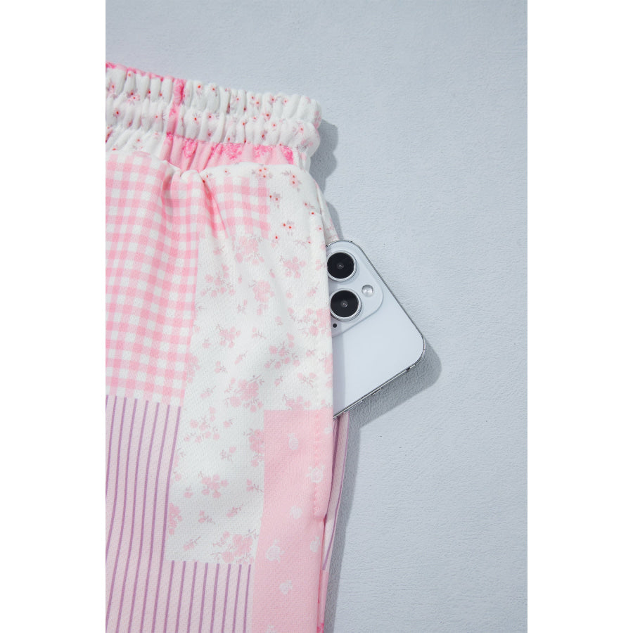 Light Pink Patchwork Floral Print Drop Shoulder Baggy Pullover Drawstring Shorts Set Two Piece Sets/Short Sets