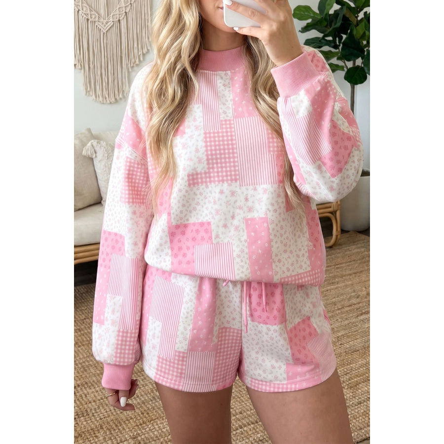 Light Pink Patchwork Floral Print Drop Shoulder Baggy Pullover Drawstring Shorts Set Two Piece Sets/Short Sets