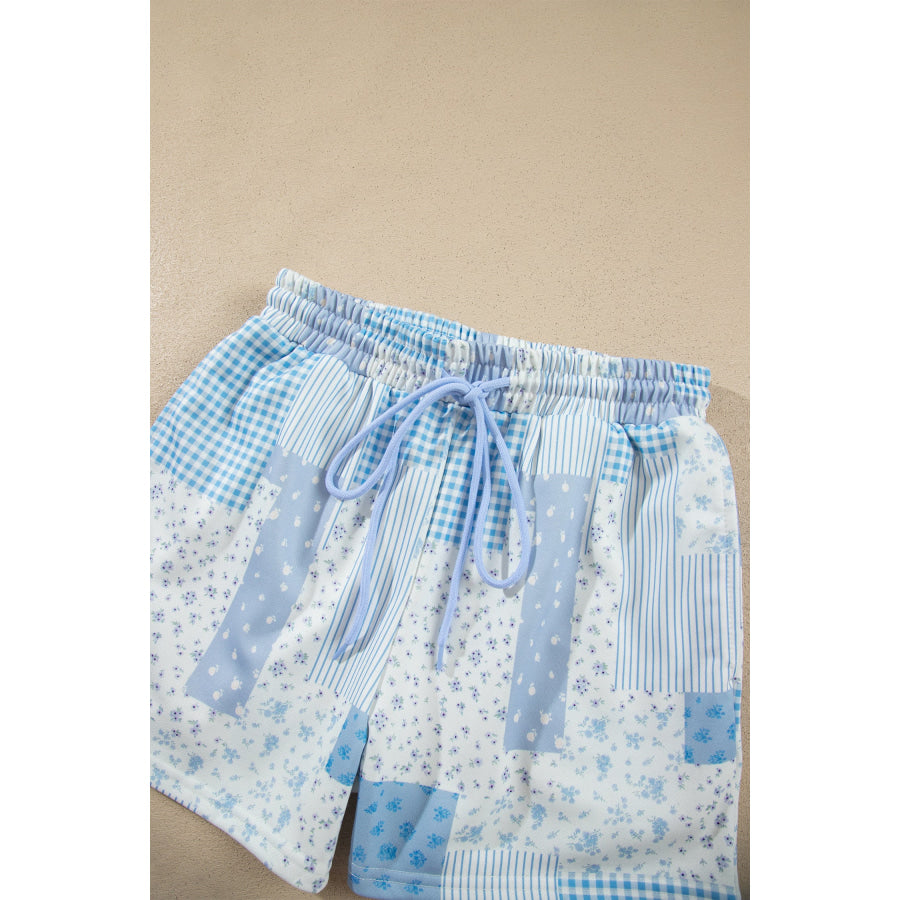 Light Pink Patchwork Floral Print Drop Shoulder Baggy Pullover Drawstring Shorts Set Two Piece Sets/Short Sets