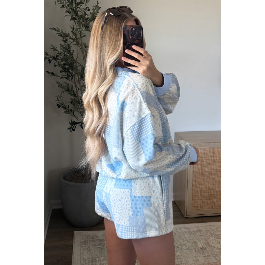 Light Pink Patchwork Floral Print Drop Shoulder Baggy Pullover Drawstring Shorts Set Two Piece Sets/Short Sets