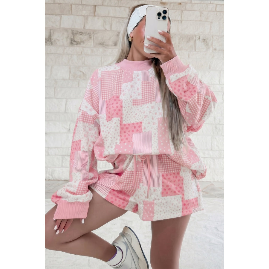 Light Pink Patchwork Floral Print Drop Shoulder Baggy Pullover Drawstring Shorts Set Two Piece Sets/Short Sets