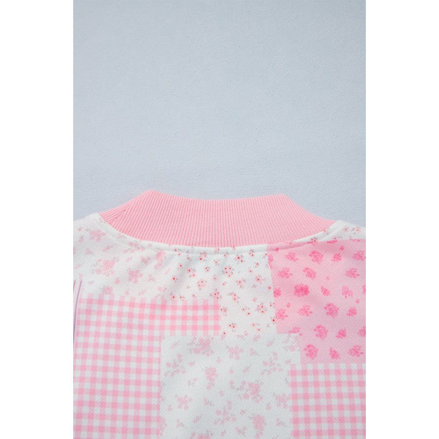 Light Pink Patchwork Floral Print Drop Shoulder Baggy Pullover Drawstring Shorts Set Two Piece Sets/Short Sets