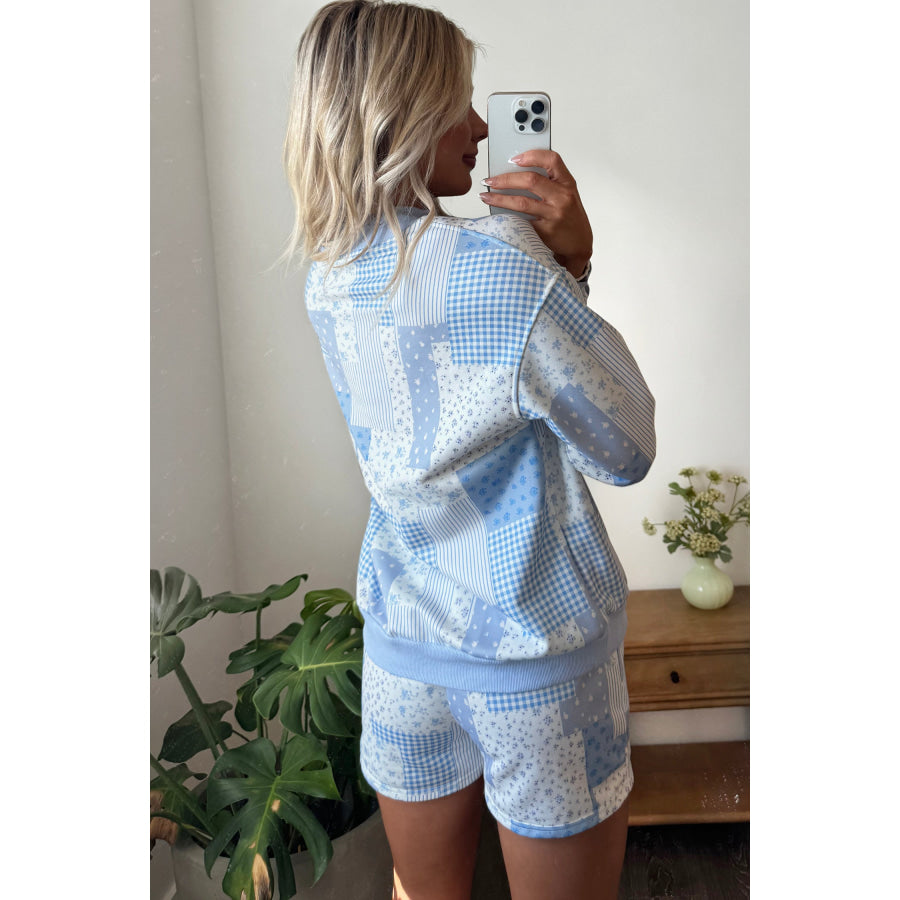 Light Pink Patchwork Floral Print Drop Shoulder Baggy Pullover Drawstring Shorts Set Two Piece Sets/Short Sets